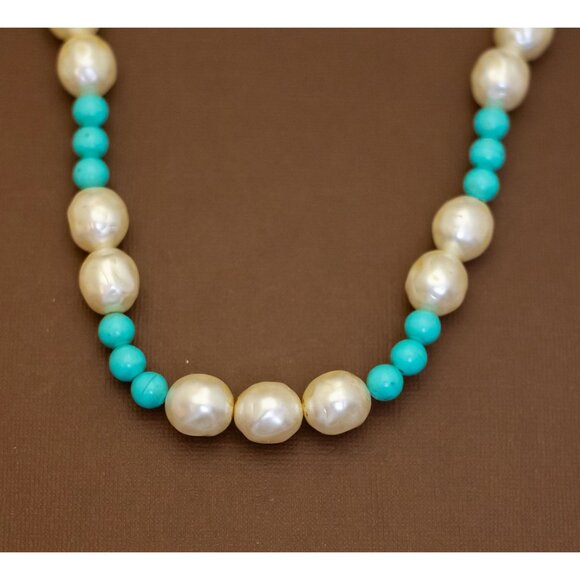 26 inch, Vintage White Faux Pearls Blue Beads Beaded Necklace - U28 - Picture 1 of 3